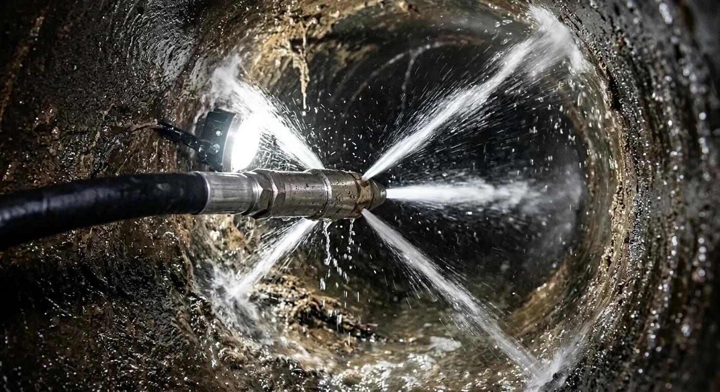 High-pressure hydro jetting nozzle cleaning sewer pipe for Emergency Drain Service in Brookhaven