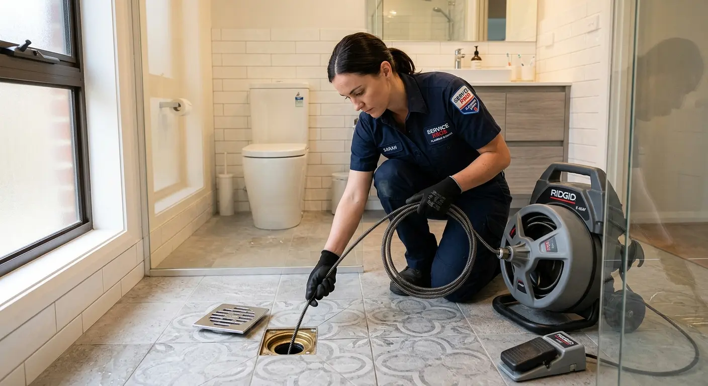 Technician clearing a bathroom floor drain for Drain Cleaning in Brookhaven